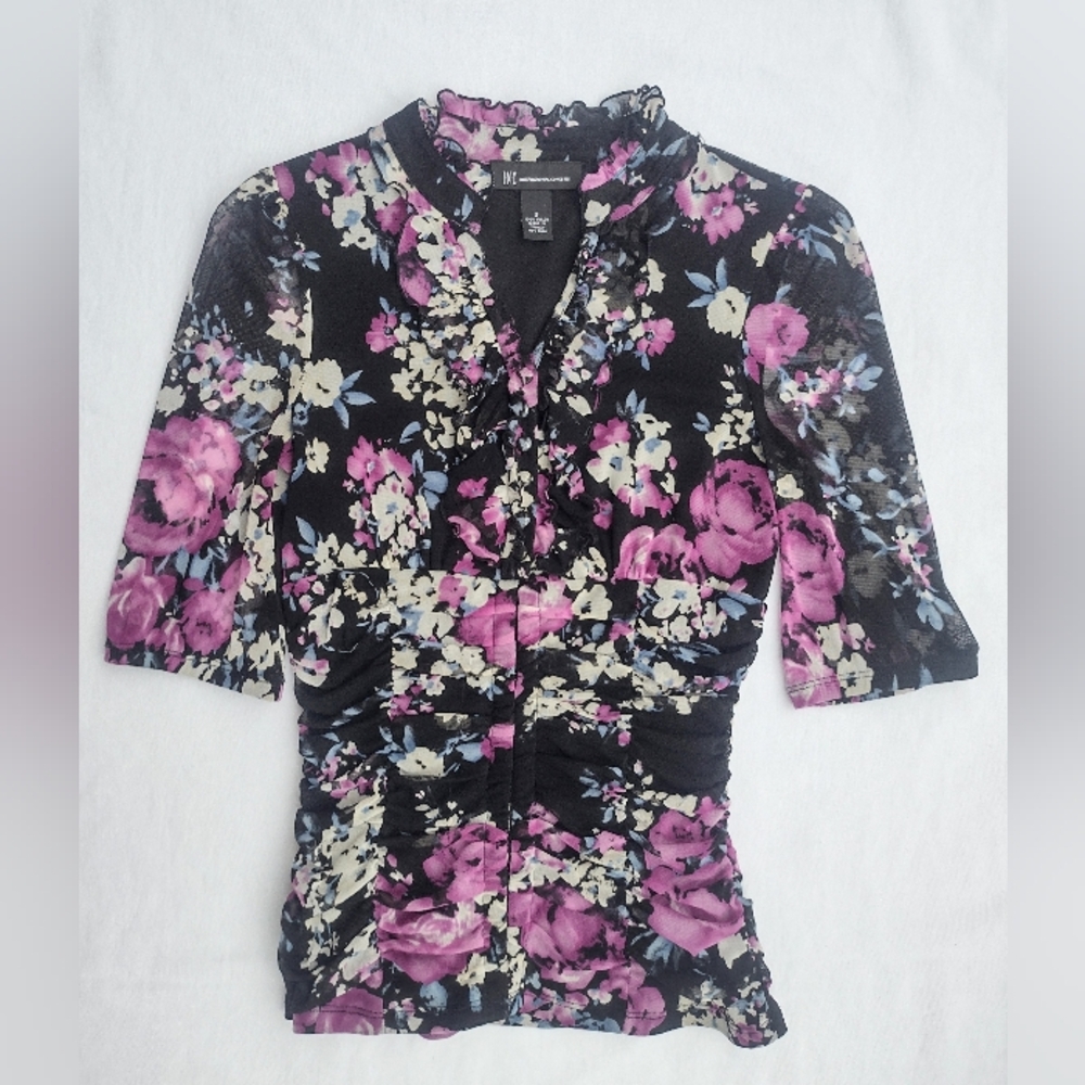 I.N.C. Floral Ruffle Front Ruched Button Hook & Eye Mesh Blouse Black Purple Y2K